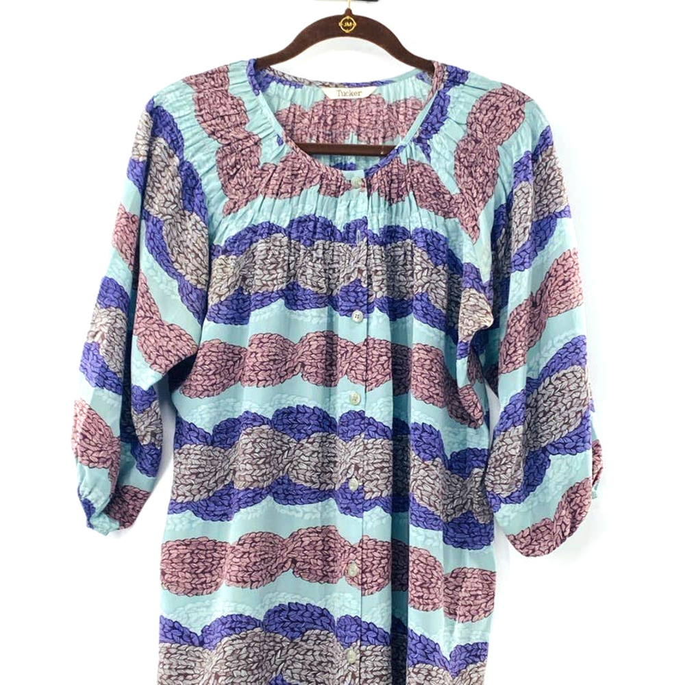 Tucker Classic Knee Length ShirtDress Chic Smocked Neck Button Down Silk Midi Lg